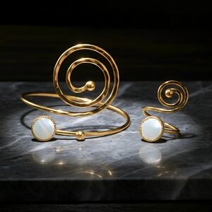 🆕️Stunning Luxurious Turkish Artisan 18K Gold Plated Spiral Ring Bracelet Set